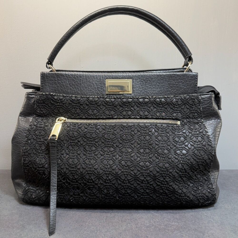 Juicy Couture Black Faux Leather & Knit Lace Satchel Bag with 2 Crossbody Straps